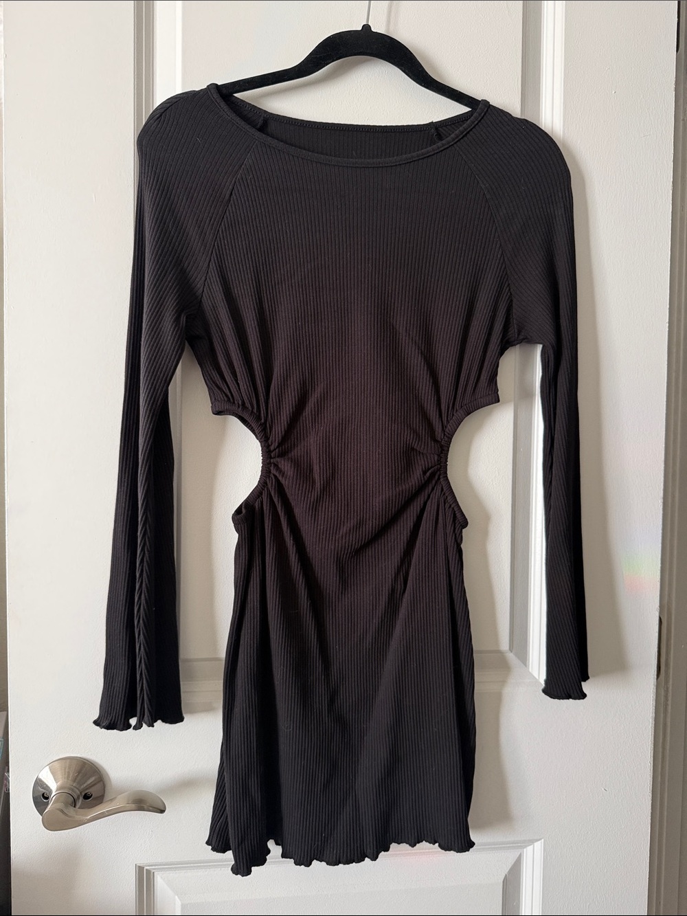 Black Ribbed Cutout Long Sleeve Mini Dress